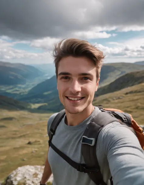 young man taking a selfie with a gopro while hiking by kostas , in the style of scottish landscapes, holga 120n, aerial photography, quirky characters, mountainous vistas, large canvas format.