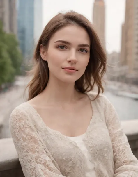 young woman relaxing on a bridge as she walks past the skyscrapers while having fun in the city, in the style of light white and light brown, julia pishtar, distinct facial features, lighthearted, hasselblad h6d-400c, close up, joyful and optimistic . --ar...