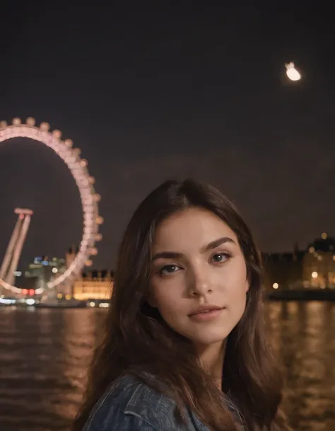 journey, in the style of rap aesthetics, girl，London, England， make for a memorable photo.  The background is  London Eye, a giant Ferris wheel.  photo taken with fujifilm superia, charly amani, oversized portraits, babycore, upper body