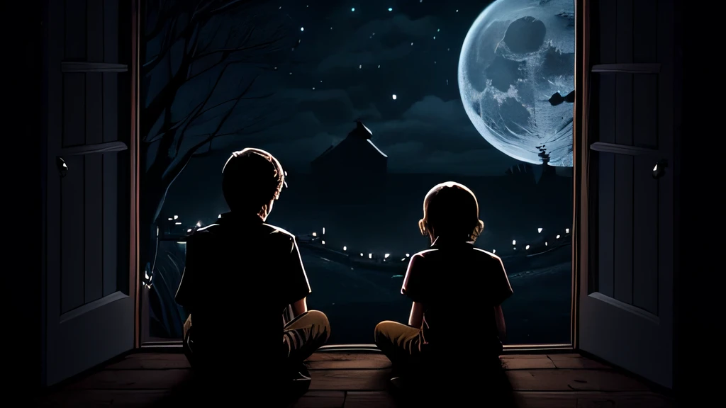 At night a boy and a girl was sitting in a dark room, A man is leading the boy by the hand, candles are lit around, moonlight is coming through the window.