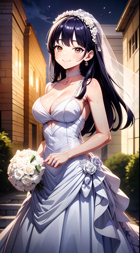 8k, highres, ultra detailed, (masterpiece:1.4), best quality, symmetrical body, (sexy while wedding dress:1.4), choker, fringetail, holding flowers, cute, solo, earrings, long hair, dark purple hair, Brown eyes, glow effect, finely eye, grinning, wide smil...