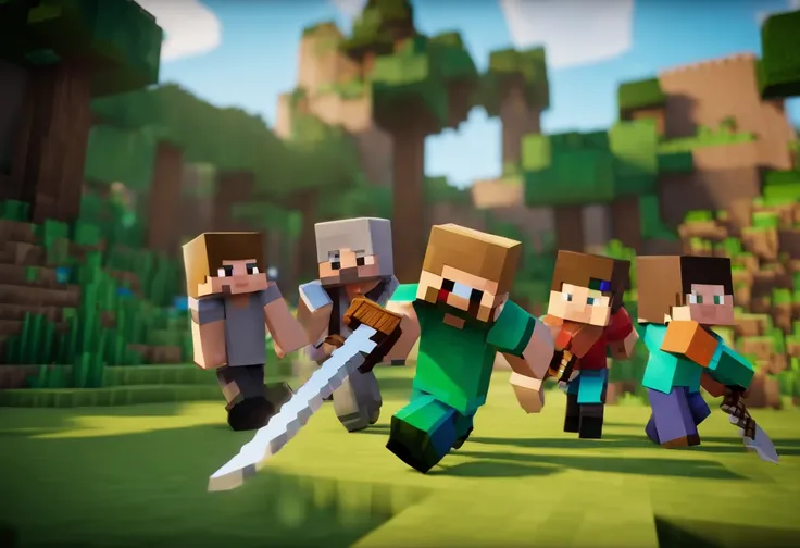 Steve is attacked by other players carrying swords in Minecraft Bedwars