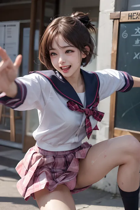 Pubic hair grows、Smile full of happiness、((During hard sex:1.3))、Pink Panties、、Panting face、Lacking、After being attacked、school girl outfit(Plaid miniskirt)、a sailor suit、Sweating、Expression in a state of excitement、short-hair、eye glass、((Middle kick:1.))