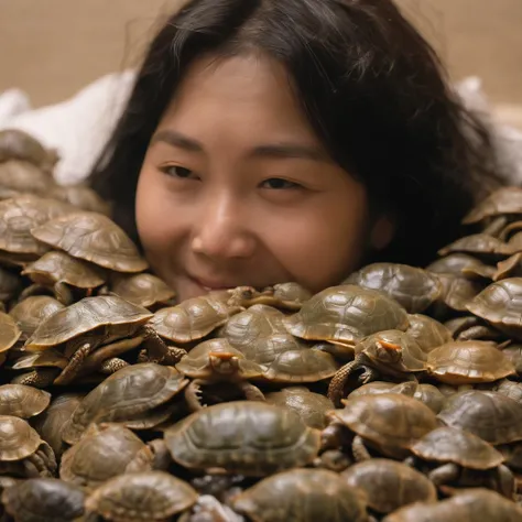 Rotting turtles and crabs crawl in a womans bedroom at night after closing dirty curtains with large amounts of rotting internal organs, seafood, manure and vomit scattered in heavily polluted and murky sewage、Fat cute Japan woman spits out a large amount ...