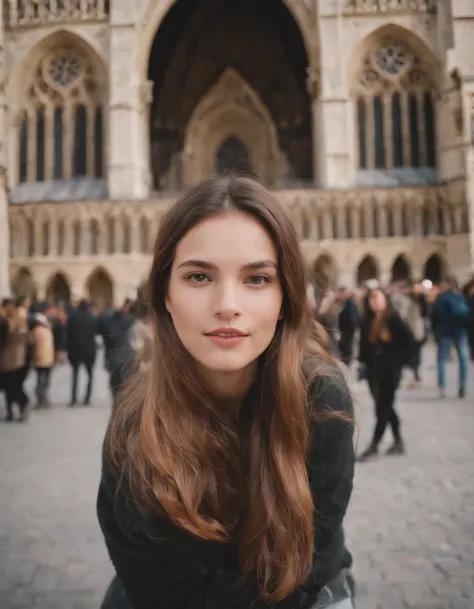 travellers, in the style of rap aesthetics, girl，Paris, France， make for a memorable photo.       The background is Notre Dame，photo taken with fujifilm superia, charly amani, oversized portraits, babycore, upper body