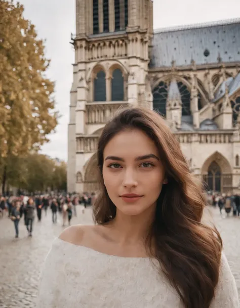 travellers, in the style of rap aesthetics, girl，Paris, France， make for a memorable photo.       The background is Notre Dame，photo taken with fujifilm superia, charly amani, oversized portraits, babycore, upper body