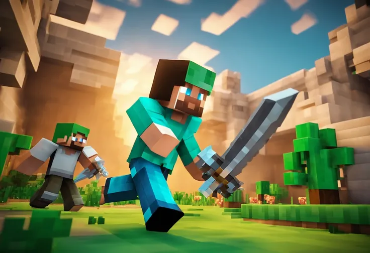 Steve wearing diamond armor and is attacked by other players wearing diamond armor carrying swords in Minecraft Bedwars