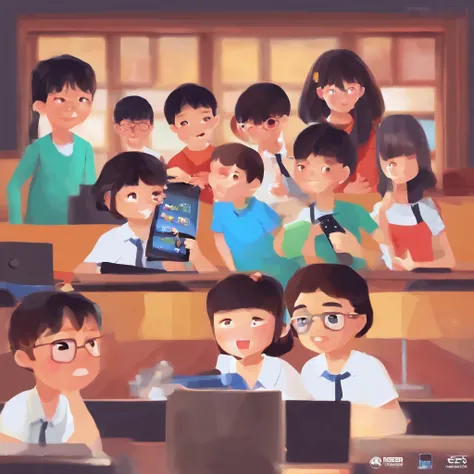 Depict a bright classroom，Full of technology atmosphere。Students in the classroom can use VR glasses for virtual reality learning，They can explore a variety of scenarios and knowledge in an immersive way。ao mesmo tempo，There are also students drawing carto...