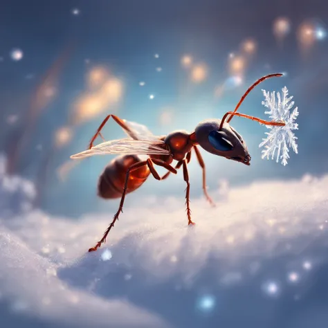 an ant standing on the snowy land is trying to touch the snowflake dropping from the air