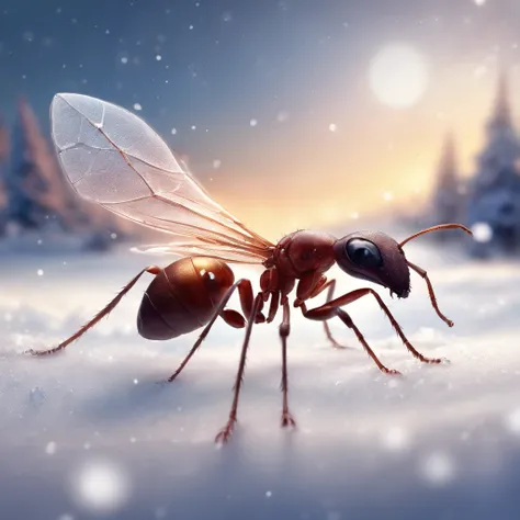 an ant standing on the snowy land is trying to touch the snowflake dropping from the air