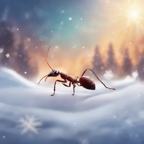 an ant standing on the snowy land is trying to touch the snowflake dropping from the air