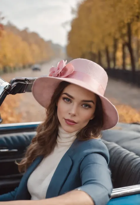 35mm portrait A beautiful woman with a hat on her head and a scarf around her neck driving a blue Beetle convertible, convertible car, Movie city and some trees with pink leaves, lighting dramatic, Ultra resolution, reflections on the ground and overcast s...