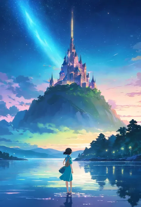 (masterpiece,more detail:1.1, best quality:1.3), (scenery:1.3), aurora theme, flying castle, lake, starry sky, night, makoto shinkai, perspective