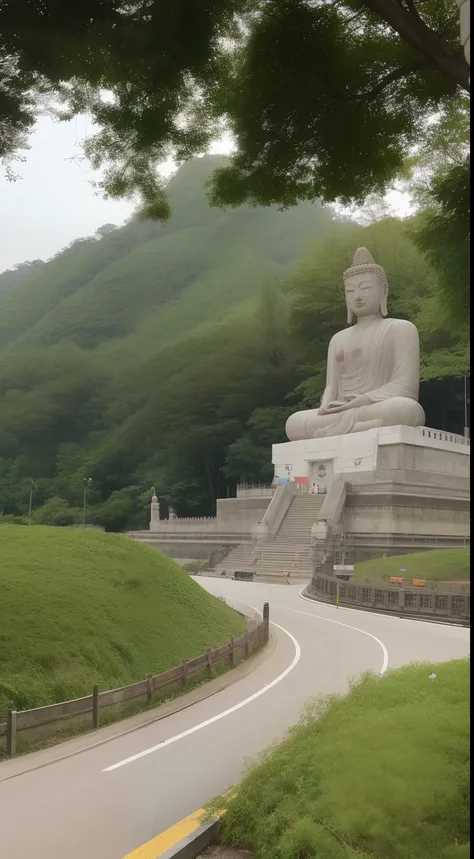 In the distance is a huge tall Buddha statue，Pilgrims on the road