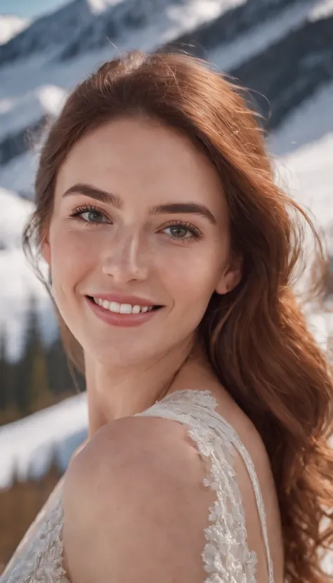 portrait of beautiful smiling woman with some freckles, snow-covered mountain landscape background,perfect eyes, dramatic lighting, golden ratio details aesthetic octane render excellent composition natural textures 8k masterpiece canon eos r4s 50, perfect...