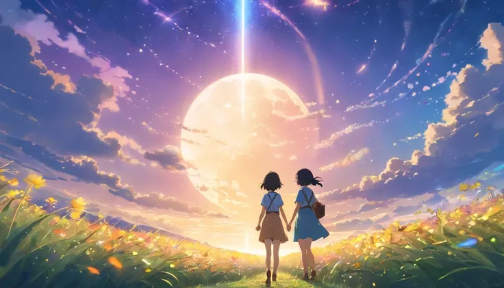 Makoto Shinkai, Expansive landscape photograph , (View from below，Displays the sky above and the clearing below), couple standing on flower field looking up, (full moon:1.2), ( meteors:0.9), (Starcloud:1.3), Far Mountain, Tree BREAK Production Art, (Warm l...