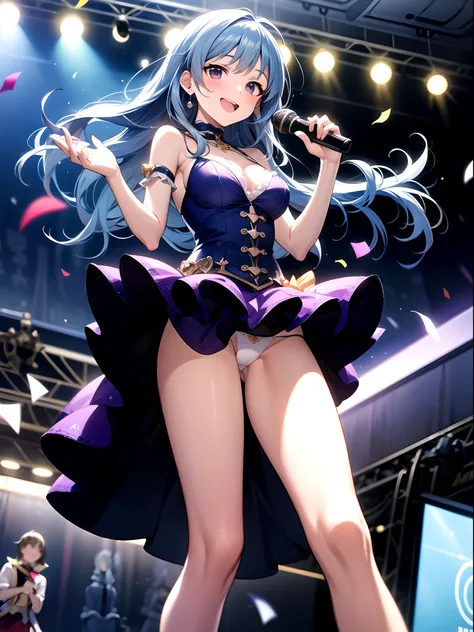 Idol girl in dress dancing on stage with confetti, Long light blue hair、 Black eyes、sparkling magical girl,、anime moe art style, Detailed key anime art, official artwork, idolmaster, Cute, Gorgeous and cute yellow and white dress、Hands up、jumpping、hight re...