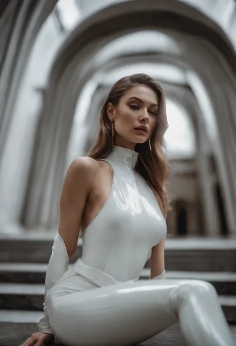 well lit fashion shoot portrait of extremely beautiful female marble statue in a dynamic pose wearing latex outfit by dingyun zhang, yeezy, balenciaga, vetements, a cold wall, sharp focus, clear, detailed, cinematic, detailed, off white, glamourous, symmet...