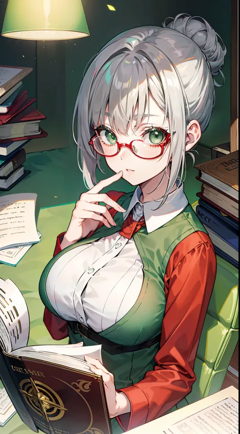 young girl, Gray hair in one bun, Green eyes, red glasses, Green Science Dress, White Elements, Sleeveless, open breasts, book, Masterpiece, hiquality, high detail, HD, 4k