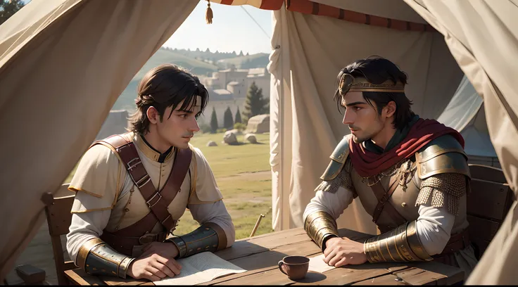 two roman soldiers talking inside a tent --auto