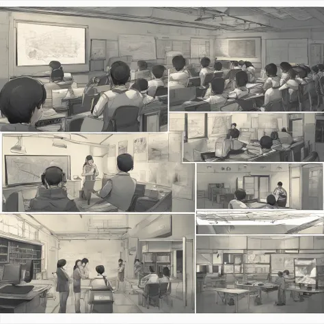 Depict a bright classroom，Full of technology atmosphere。Students in the classroom can use VR glasses for virtual reality learning，They can explore a variety of scenarios and knowledge in an immersive way。ao mesmo tempo，There are also students drawing carto...