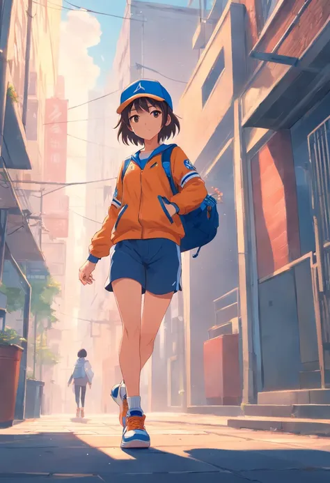 1girl with baseball cap and with a tall Air Jordan 1, vestida de colegiala 4k super detallado obra de arte