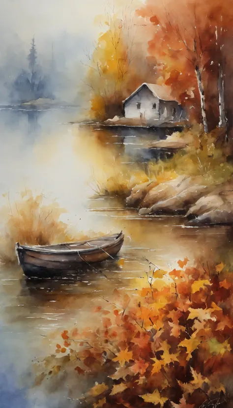 tmasterpiece, top-quality, high detal, Impressionism, Autumn morning, Cruise along the lake in the morning mist, haze, Cinematic light,