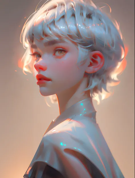 Extreme close-up portrait featuring photorealistic rendering with dynamic lighting. Focus on the face with zoomed-in effect, highlighting the beauty of silver hair, pixie cut hair, wolf cut hair