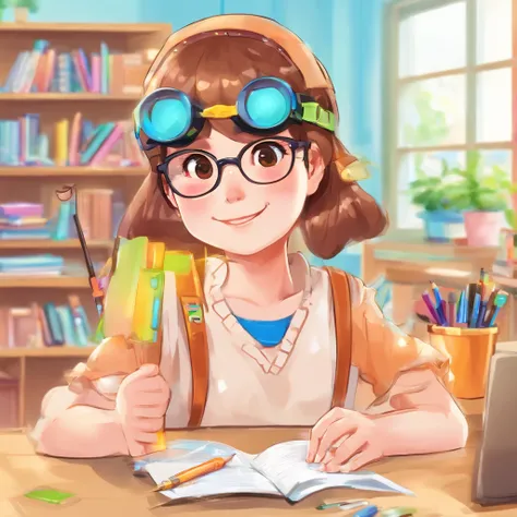 Depict a bright classroom，Full of technology atmosphere。Students in the classroom can use VR glasses for virtual reality learning，They can explore a variety of scenarios and knowledge in an immersive way。ao mesmo tempo，There are also students drawing carto...