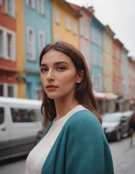 travellers, in the style of rap aesthetics, girl，Istanbul, Turkey， make for a memorable photo.   The background is colourful houses in the Beyoğlu neighborhood ，photo taken with fujifilm superia, charly amani, oversized portraits, babycore, upper body