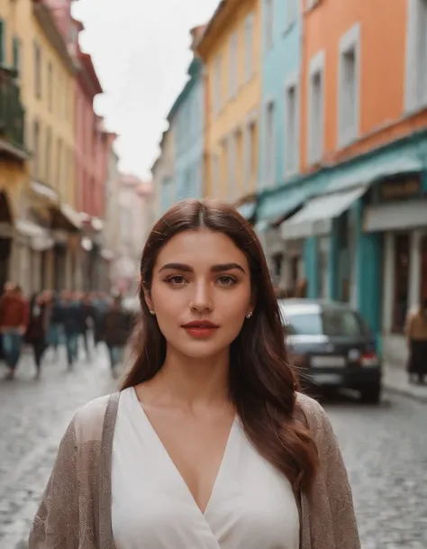 travellers, in the style of rap aesthetics, girl，Istanbul, Turkey， make for a memorable photo.   The background is colourful houses in the Beyoğlu neighborhood ，photo taken with fujifilm superia, charly amani, oversized portraits, babycore, upper body