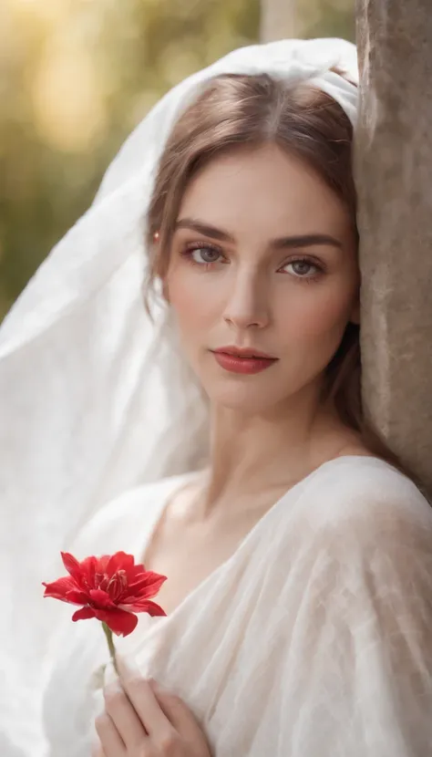 woman with a white blanket blouse, hair painted white, with a red flower in front of her covering one eye and part of her face, natural sunlight, close up framing her face, light colors, bokeh style, in the style of ultrafine detail, high quality photo. --...