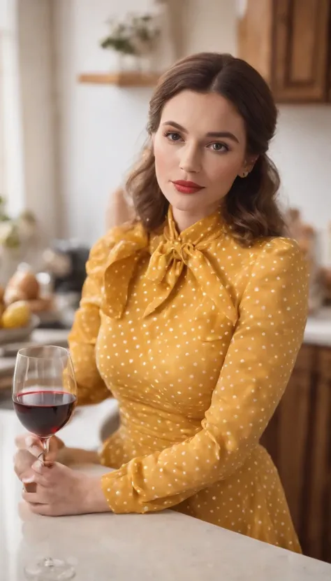 woman in retro yellow polka dot dress, sitting at kitchen counter, bored attitude, glass of wine in hand, high angle shot, close up shot, spot light, high quality photo,medium shot