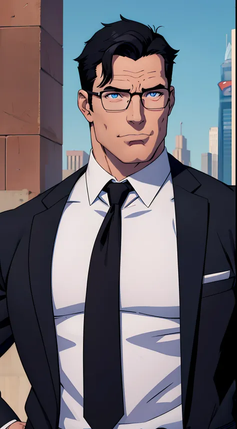 1 man, Clark Kent (superman), muscular male, daddy, large pectorals, male focus, middle-aged man, glasses, black hair, short hair, a strand of hair on forehead, blue eyes, smirks, face focus, black formal suit, red necktie, upper body shot, skycrapers, ((m...