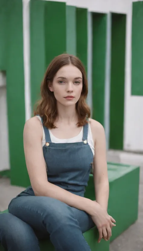 young girl in jeans sitting on a green television by maryann coady, in the style of sean scully, mary jane ansell, genderless, photo taken with fujifilm superia, bold curves, light white and white, industrial chic,upper body