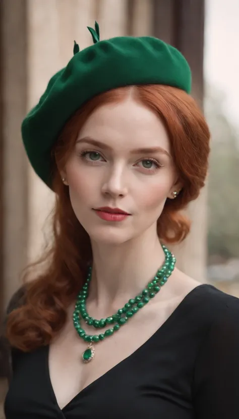 70s style redhead young woman, wears green retro beret and black clothing, pearl necklace, fashion attitude, side lighting, medium close up shot, high quality photo