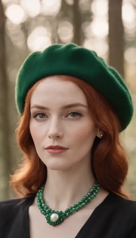 70s style redhead young woman, wears green retro beret and black clothing, pearl necklace, fashion attitude, side lighting, medium close up shot, high quality photo