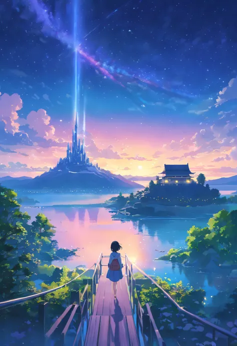 (masterpiece,more detail:1.1, best quality:1.3), (scenery:1.3), aurora theme, flying castle, lake, starry sky, night, makoto shinkai, perspective