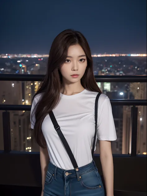 ((Midnight, Best quality, 8k, Masterpiece :1.3)), Whole body, Long legs, Sharp focus :1.2, A pretty woman with perfect figure :1.4, Slender abs :1.1, ((Dark brown hair, Big breasts :1.2)), (White tight tshirt, Jean bib, Standing:1.2), ((Night city view, Ro...