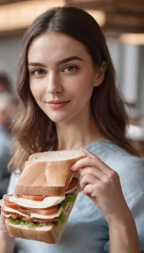 young woman with a sandwich in her hands, framing close up on the sandwich, natural light, high quality photo