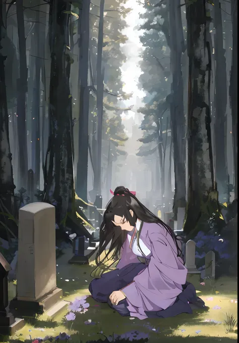 Anime scene of a woman kneeling in a cemetery with flowers, anime lush john 8k woods, beautiful anime scenes, anime beautiful peace scene, in the anime series ergo proxy, Guviz, anime scene, Guviz-style artwork, ethereal anime, in a graveyard, In animated ...