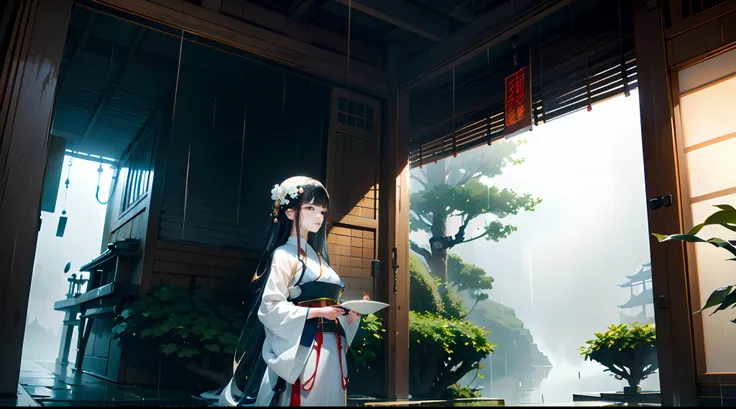 Best quality,masterpiece,ultra high res,photorealistic,1 girl,white silk Hanfu,dripping eaves,stone,setting under the eaves contemplating,(real rain),bamboo groves,small streams,leaning_back the wall,panorama,(dynamic angle)，