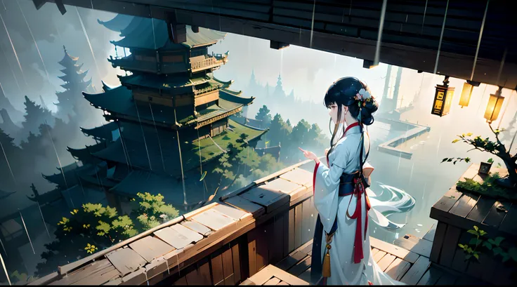 Best quality,masterpiece,ultra high res,photorealistic,1 girl,white silk Hanfu,dripping eaves,stone,setting under the eaves contemplating,(real rain),bamboo groves,small streams,leaning_back the wall,panorama,(dynamic angle)，