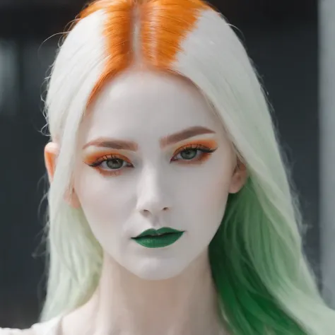 a woman white face wearing green makeup and orange hair, in the style of futuristic minimalism, light white and orange, queer academia, ink and color, site-specific artworks, spectral, tanbi kei