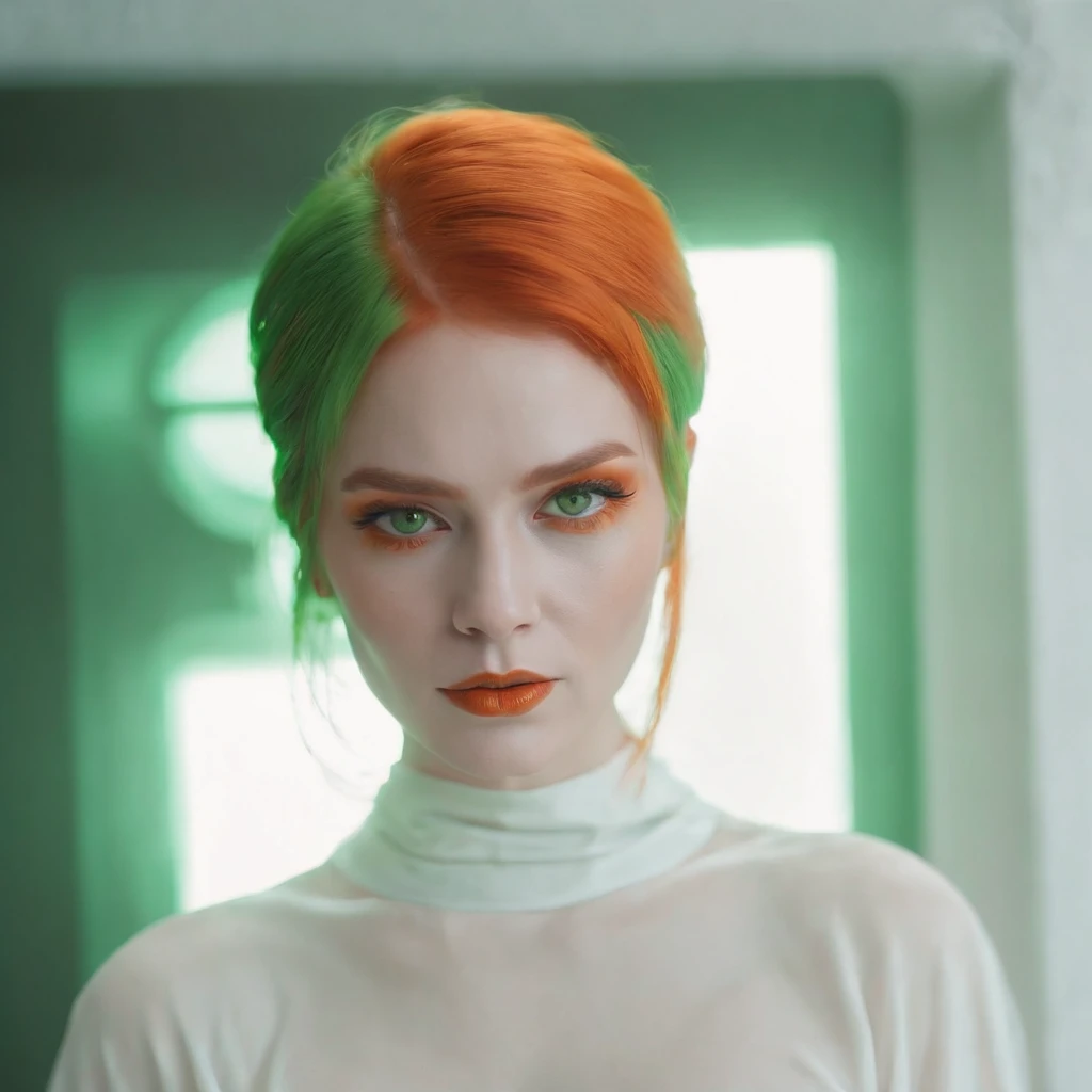 a woman white face wearing green makeup and orange hair, in the style of futuristic minimalism, light white and orange, queer academia, ink and color, site-specific artworks, spectral, tanbi kei