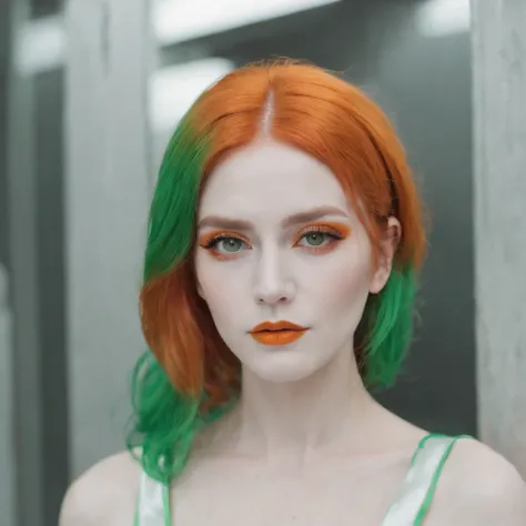 a woman white face wearing green makeup and orange hair, in the style of futuristic minimalism, light white and orange, queer academia, ink and color, site-specific artworks, spectral, tanbi kei