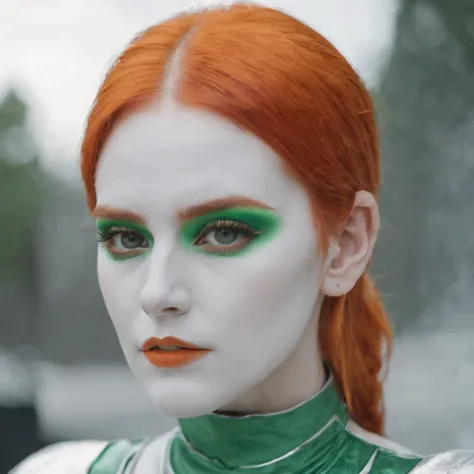 a woman white face wearing green makeup and orange hair, in the style of futuristic minimalism, light white and orange, queer academia, ink and color, site-specific artworks, spectral, tanbi kei