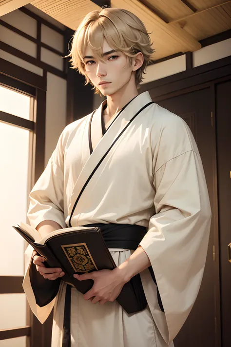 japanes,male people,24 year old,baby-face,Green eyes,Beige hair,loose wavy hair,short-hair,crossed bangs,Komono,Black Hakama,white  clothes,firm shoulders,shoulder width 5 meters,Holding a book in hand