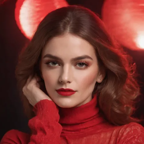 woman with collected hair and flashy makeup, 70s style model pose, turtleneck top, red lights, half length shot, high quality photo