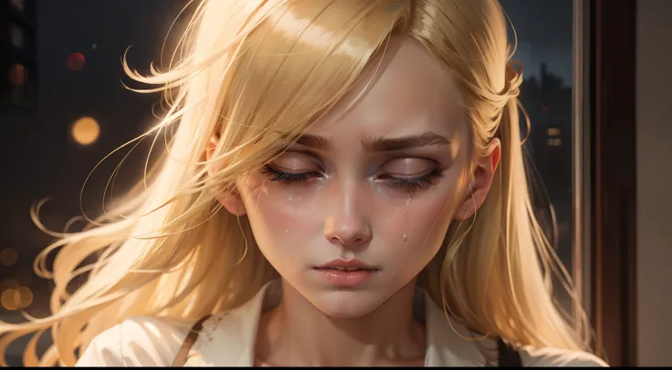 Abigail, a blonde hair young woman crying heavily at night